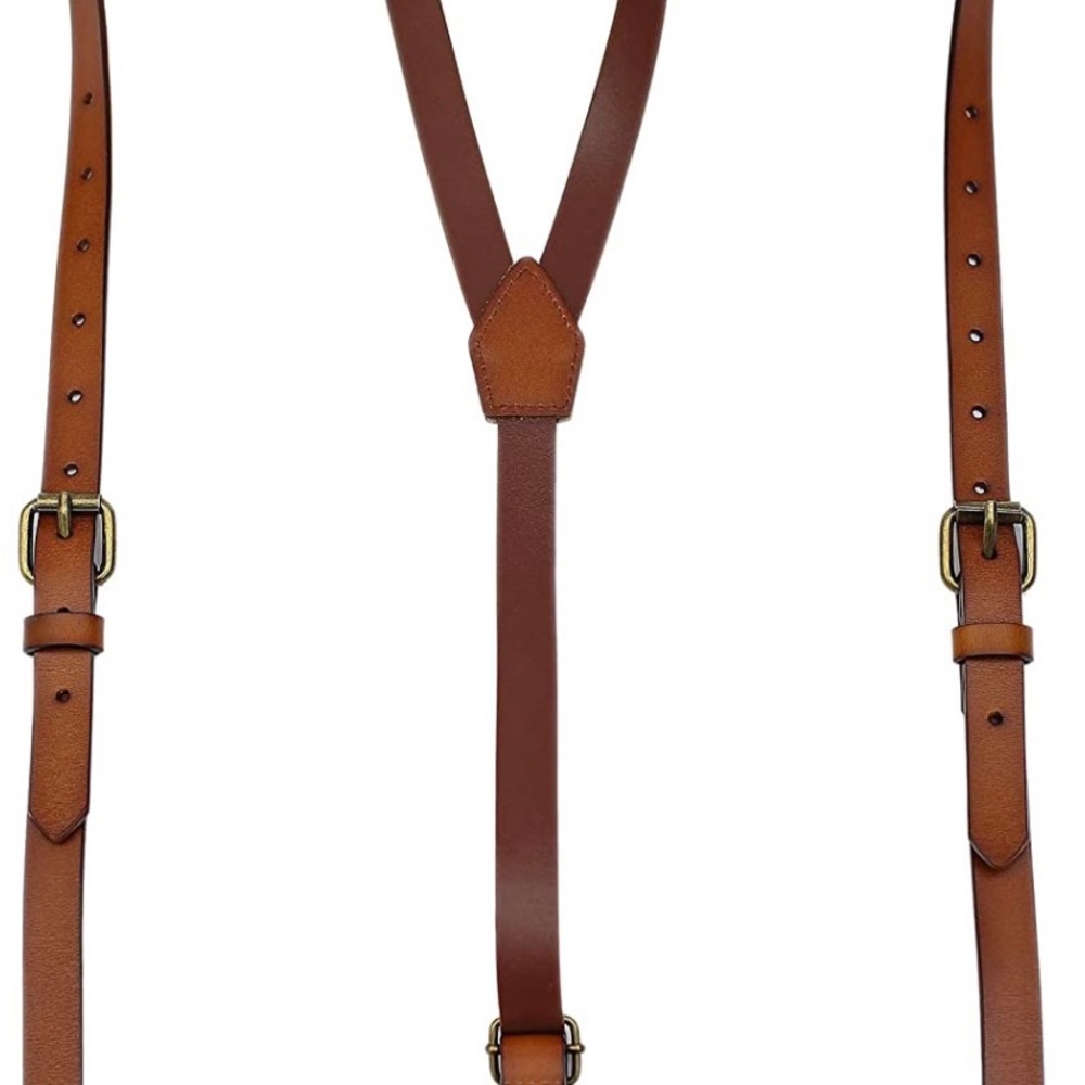 Leather suspenders and rust tie